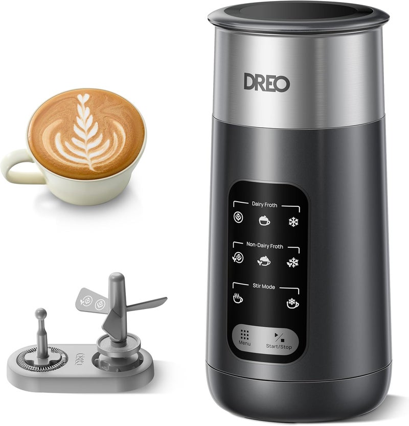 Dreo Milk Frother, 8-in-1 Electric Stainless Steel Frother for Latte Art Microfoam and Coffee, 9oz/270ml Warm and Cold Foam Automatic Frothers, LED, Easy to Clean - Image 1